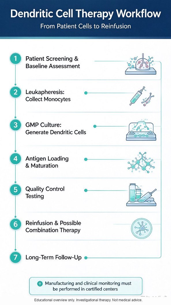 Steps: pathology and staging, leukapheresis, GMP antigen loading and release tests, repeated infusions, then imaging and tumor-marker follow-up