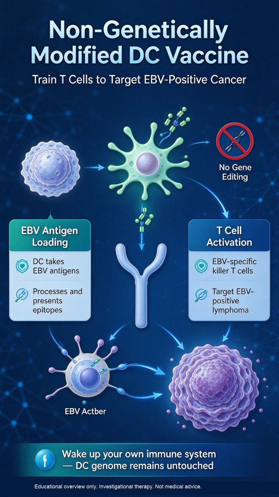 Autologous monocytes become DCs, are loaded with EBV antigen, and are reinfused to activate EBV-specific T cells. The DC genome is not gene-modified