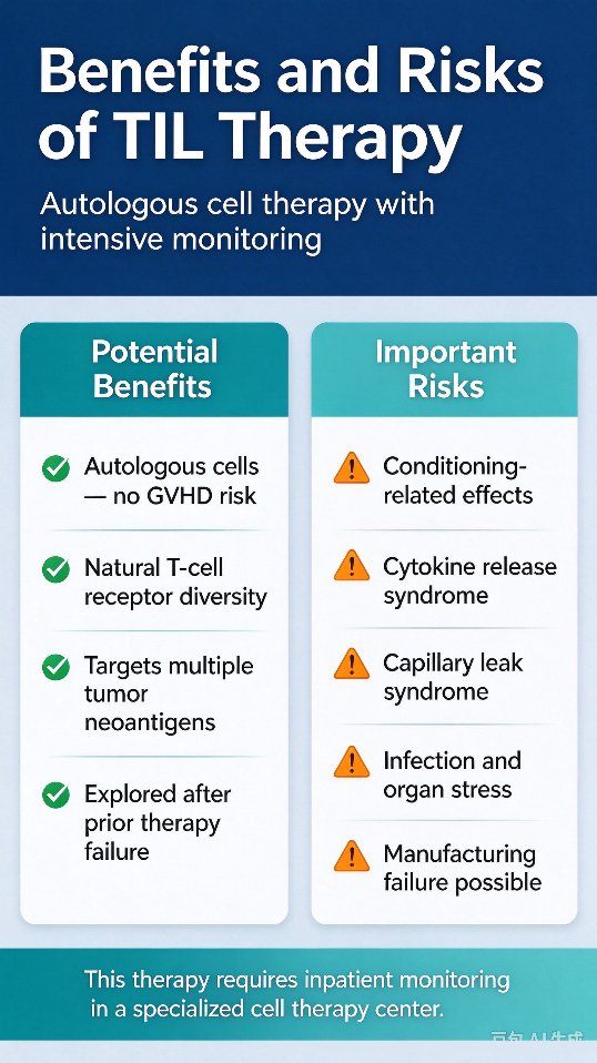 TIL tradeoffs: no GVHD, but conditioning, IL-2, CRS, capillary leak, and infection risk require inpatient monitoring